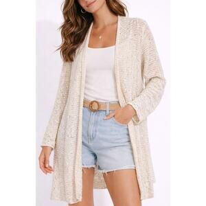 Calypso St. Barth Coastal Crochet Sequin Cardigan XS Cream Boho Beachy Resort